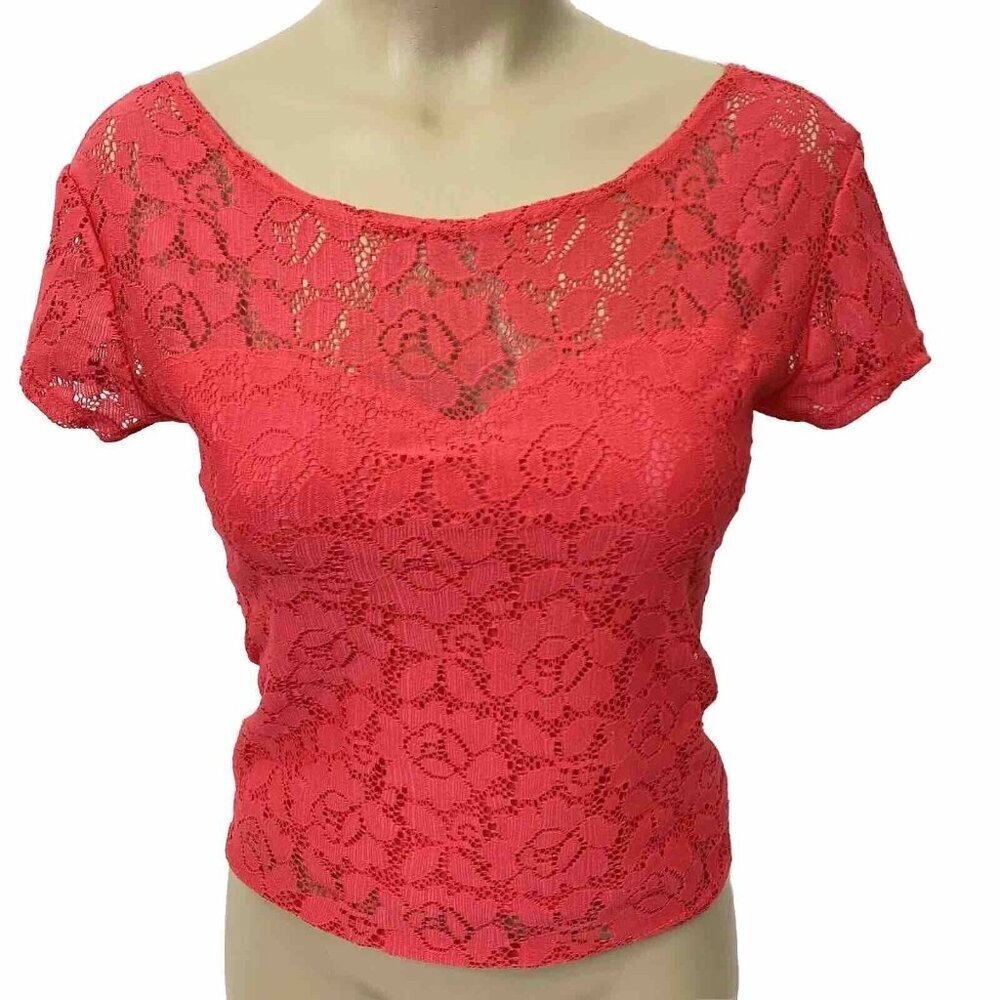 Mimi Chica Short Sleeve Scoop Back Stretch Lace Crop Top Womens size Small Red